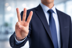 スーツ姿の男性が3本の指を立てている様子